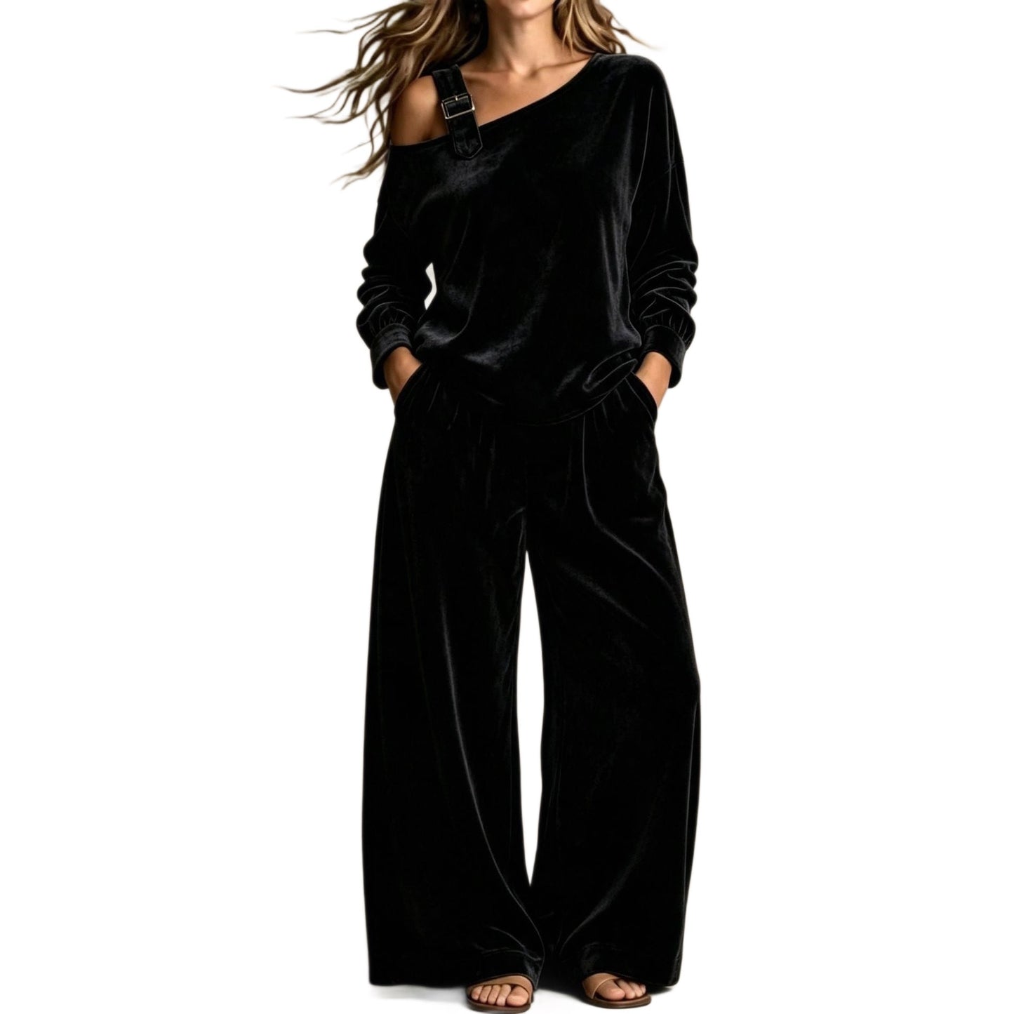 Women’s Velvet Two-Piece Set – Elegant Off-Shoulder Long-Sleeve Top & Full-Length Pants