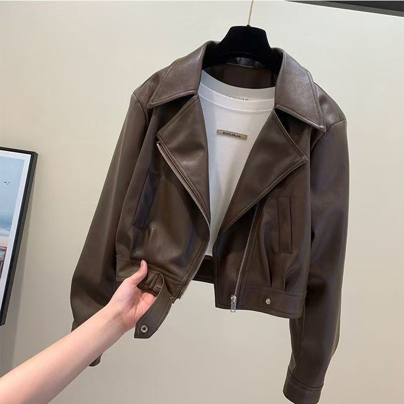 Women's Cropped PU Leather Jacket