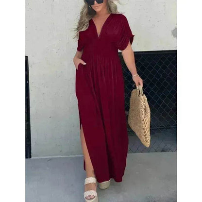 Robe longue fendue d'été à manches chauve-souris, col en V, taille élastique et manches courtes pour femme
