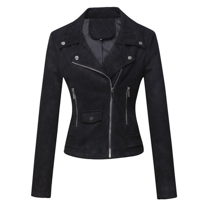 Women’s Slim-Fit Suede Leather Jacket – Short Commuter Motorcycle-Style Outerwear