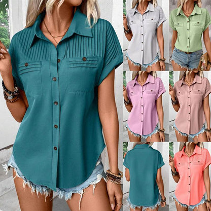 Lapel Shoulder Pleated Pocket Short Sleeve Top Shirt T-shirt Women