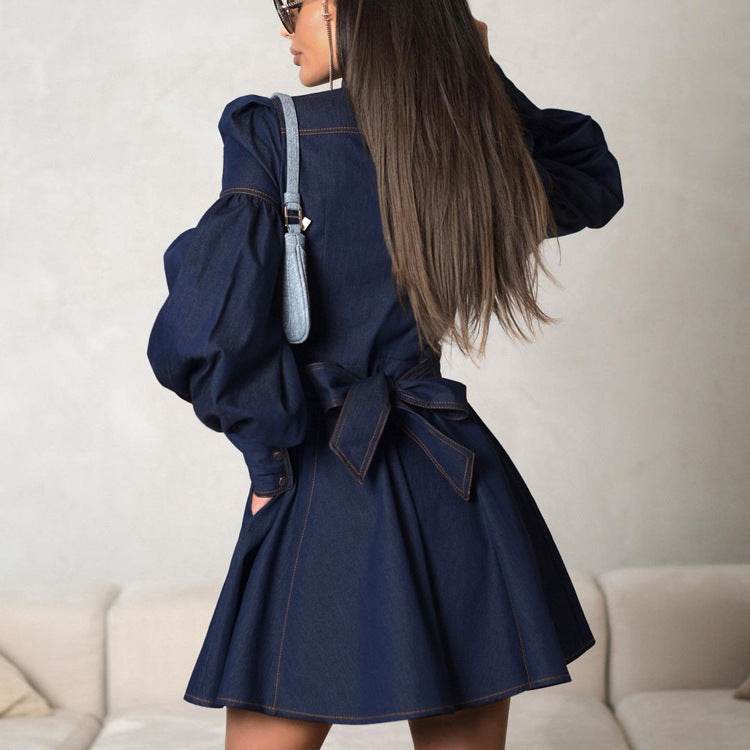 Classy Fashion Lantern Sleeve Button down Denim Shirt flared Mini Dress