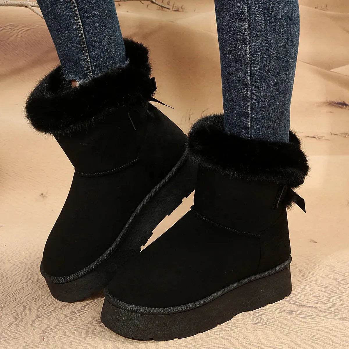 Nouvelles bottes de neige à nœud papillon Hiver Plus velours chaud Bottines à semelle épaisse pour femmes Chaussures en coton simples pour le quotidien