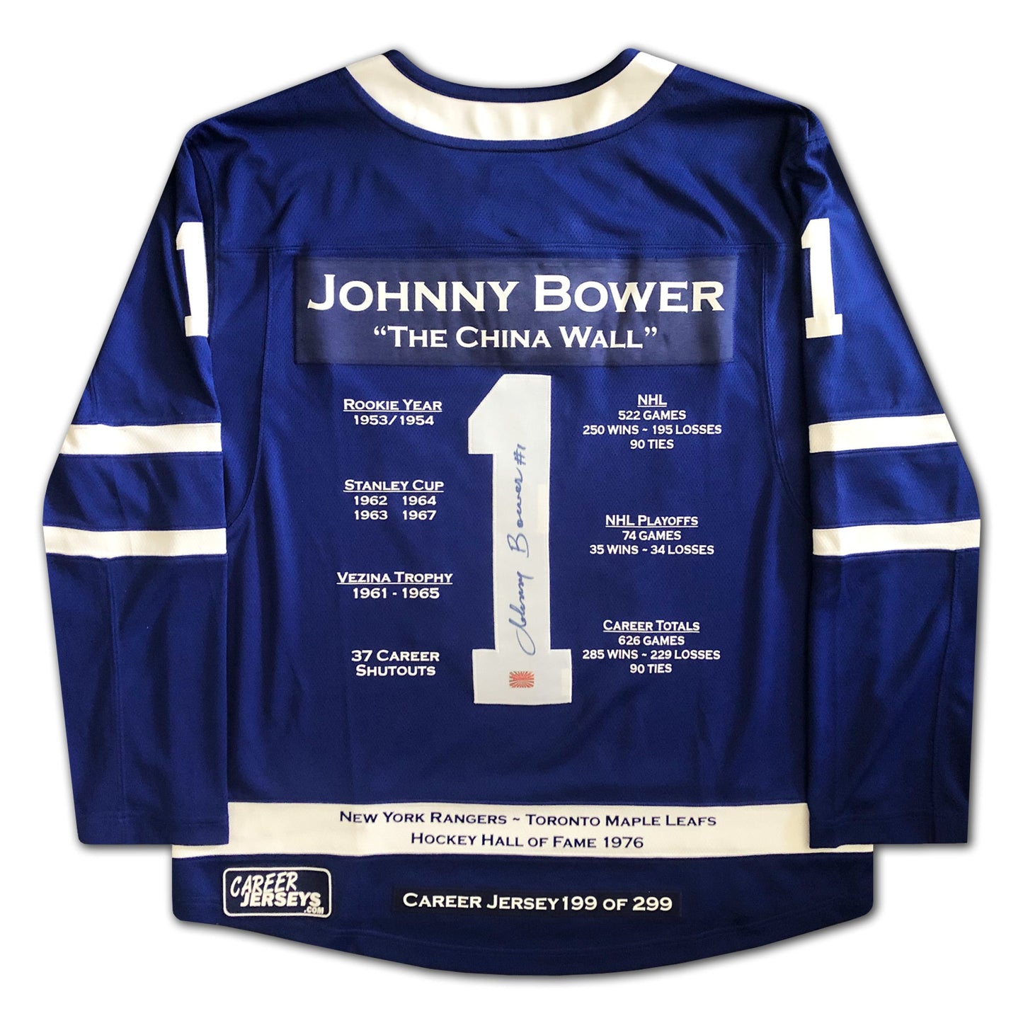 JOHNNY BOWER CAREER JERSEY SIGNED - LTD ED 299 - TORONTO MAPLE LEAFS