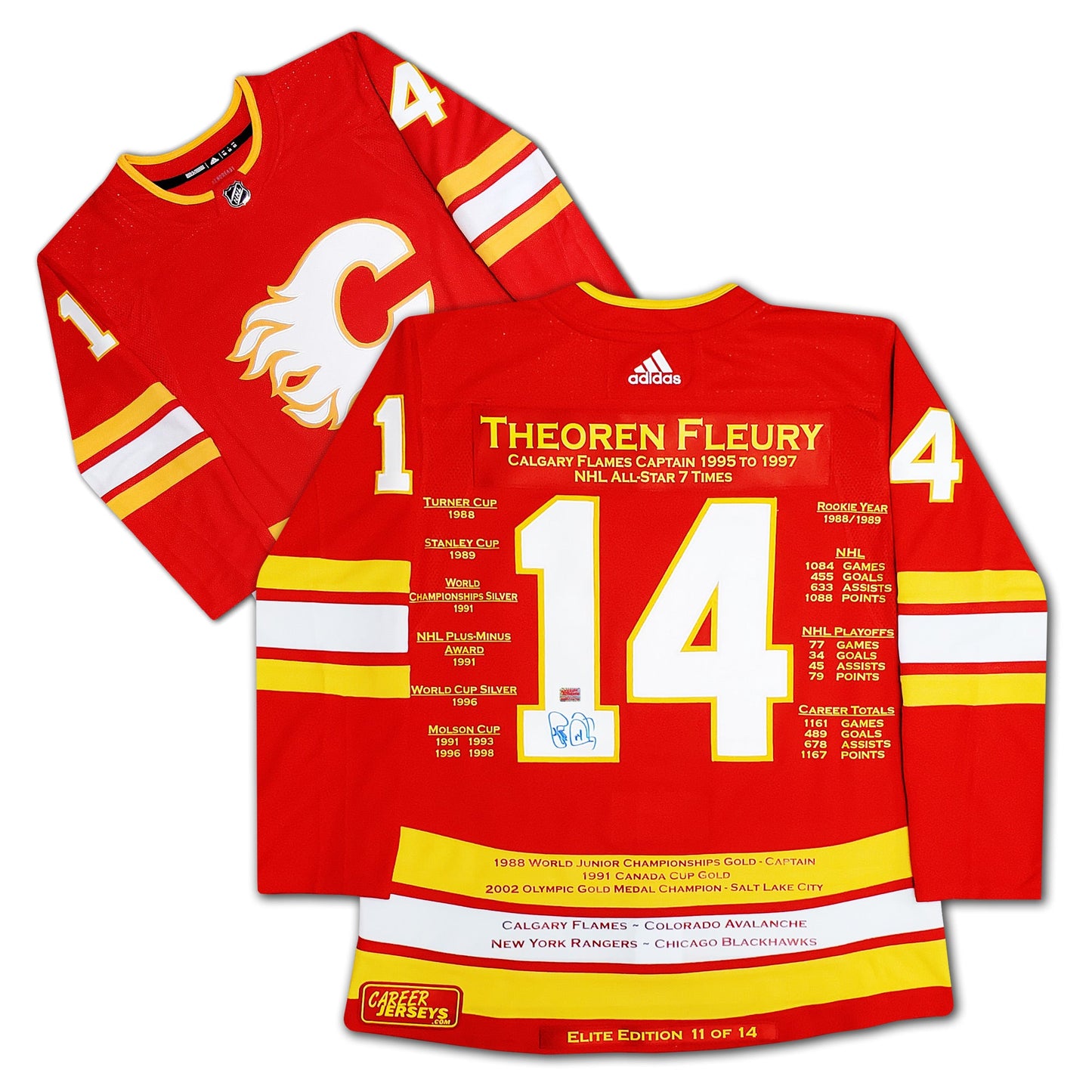 THEOREN FLEURY CAREER JERSEY LIMITED EDITION OF 14 - SIGNED - CALGARY FLAMES