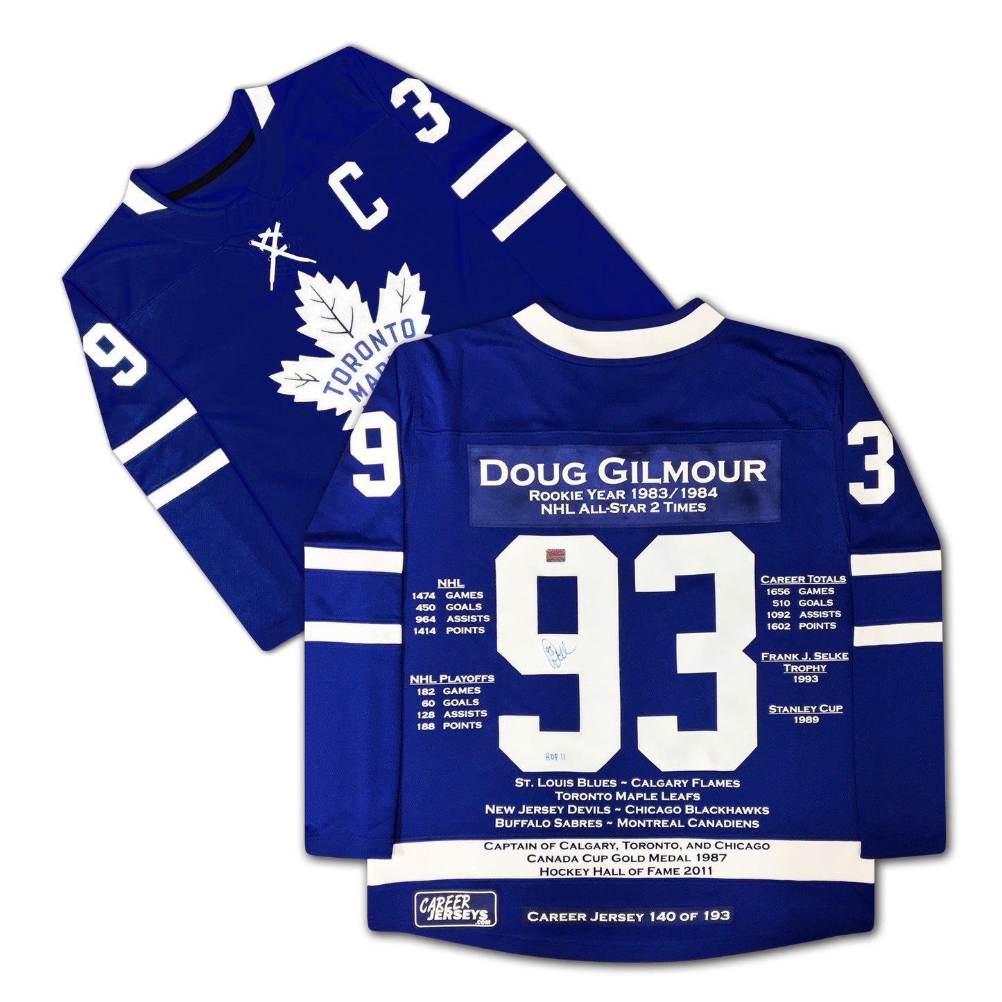 DOUG GILMOUR CAREER JERSEY SIGNED LTD ED 193 - TORONTO MAPLE LEAFS