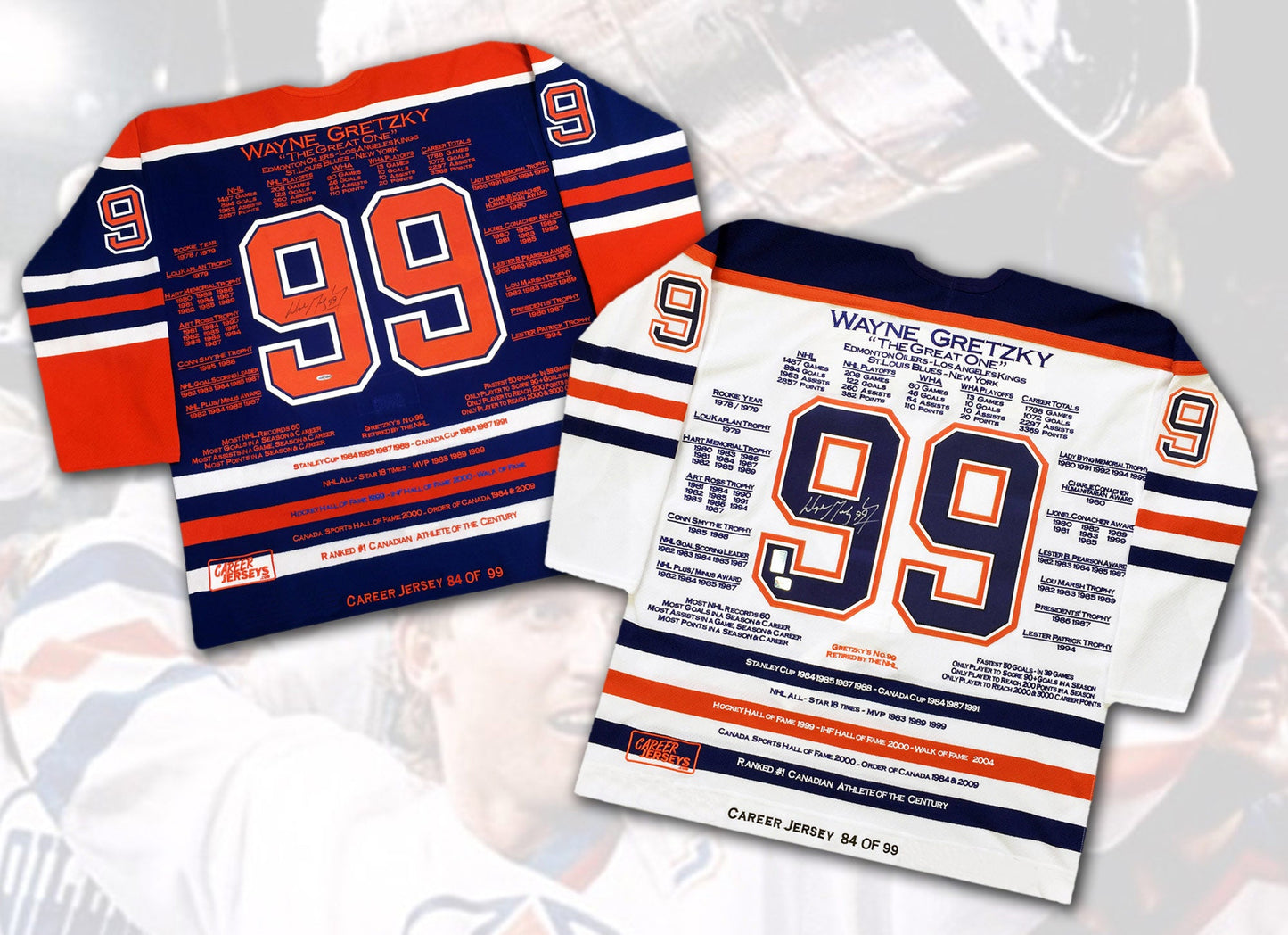 MAILLOTS DE CARRIÈRE DE WAYNE GRETZKY PAIRE ASSORTIE ÉDITION LIMITÉE 84 SUR 99 - ANNÉE DE LA COUPE - COA UPPER DECK - SIGNÉS (TAILLE L OU XL)