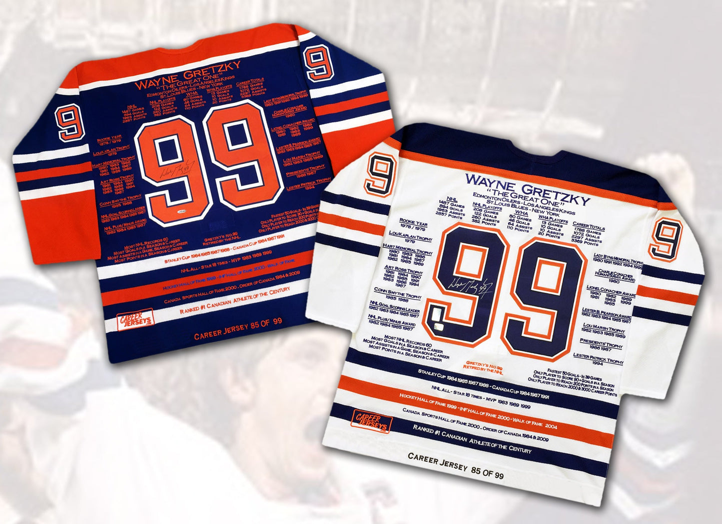 MAILLOTS DE CARRIÈRE DE WAYNE GRETZKY ASSORTIS EN ÉDITION LIMITÉE 85 SUR 99 - ANNÉE DE LA COUPE - COA UPPER DECK - SIGNÉS (TAILLE L OU XL)