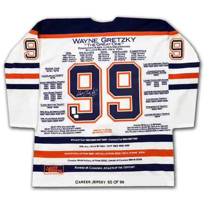 MAILLOTS DE CARRIÈRE DE WAYNE GRETZKY ASSORTIS EN ÉDITION LIMITÉE 85 SUR 99 - ANNÉE DE LA COUPE - COA UPPER DECK - SIGNÉS (TAILLE L OU XL)