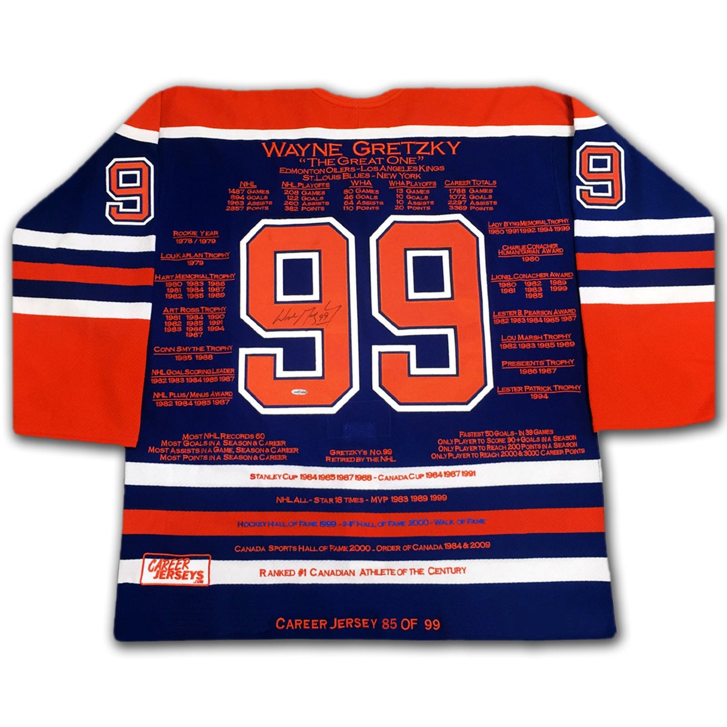 MAILLOTS DE CARRIÈRE DE WAYNE GRETZKY ASSORTIS EN ÉDITION LIMITÉE 85 SUR 99 - ANNÉE DE LA COUPE - COA UPPER DECK - SIGNÉS (TAILLE L OU XL)