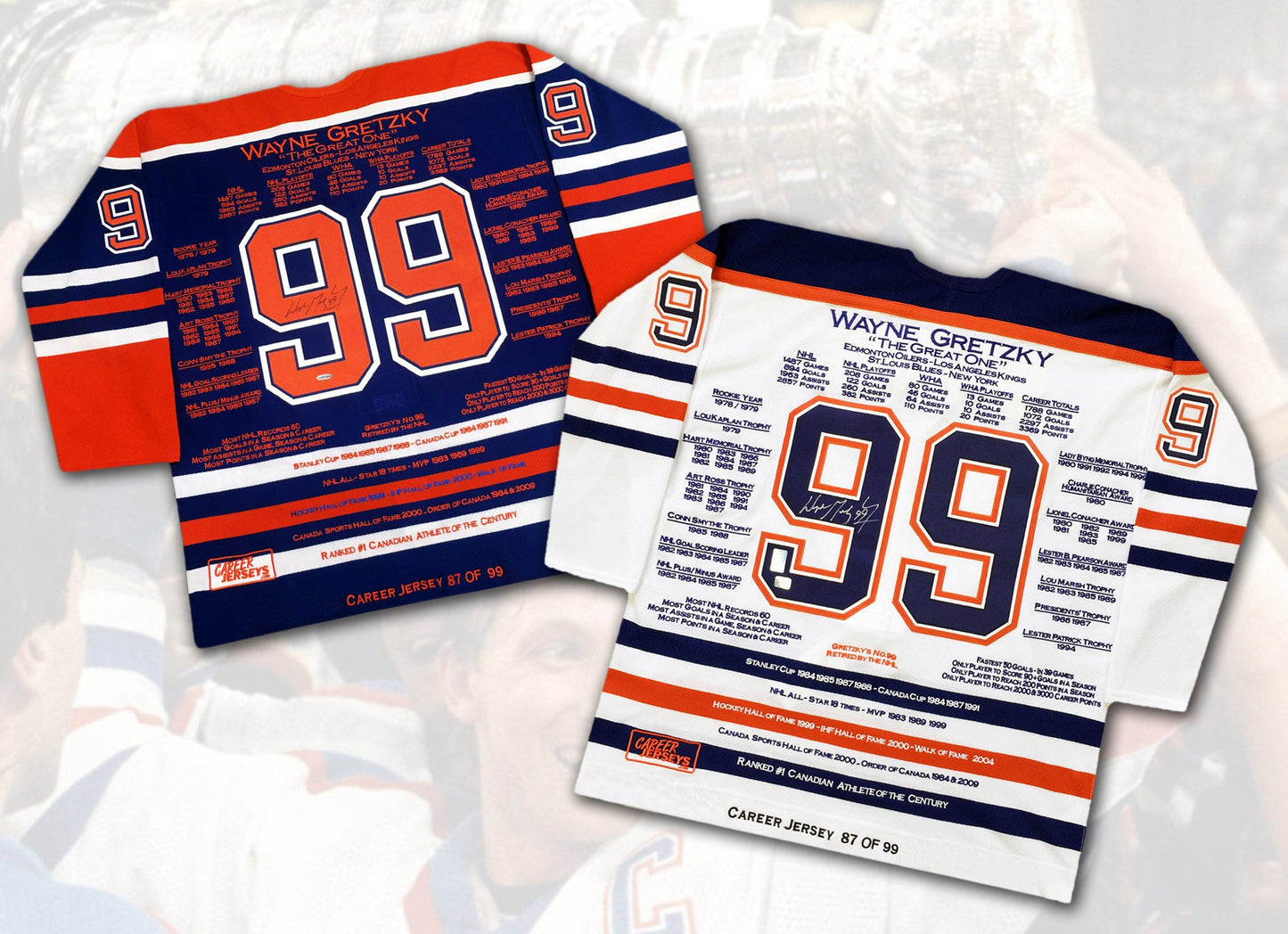 MAILLOTS DE CARRIÈRE WAYNE GRETZKY, PAIRE ASSORTIE #87 SUR 99 (TAILLE L OU XL) - CERTIFICAT D'AUTHENTICITÉ UPPER DECK - OBJETS DE COLLECTION LNH AUTOGRAPHÉS - MAILLOTS BLANC ET BLEU DES OILERS D'EDMONTON - ANNÉE COUPE STANLEY - ÉDITION LIMITÉE