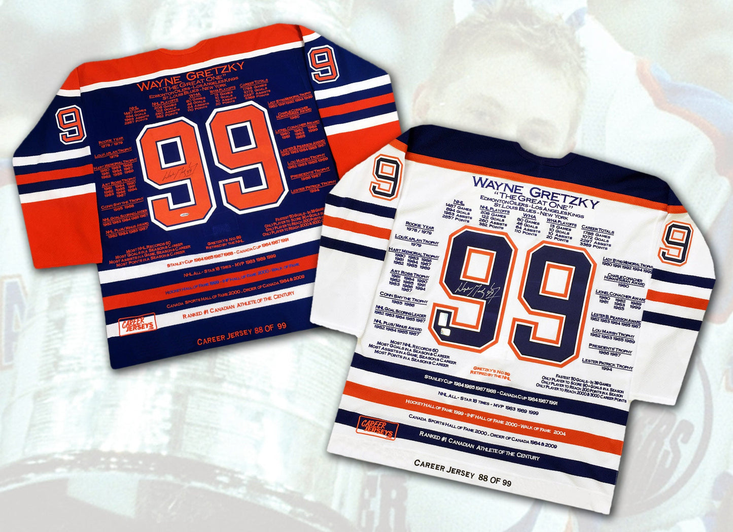 MAILLOTS DE CARRIÈRE DE WAYNE GRETZKY, PAIRE ASSORTIE #88 SUR 99 (TAILLE L OU XL) - CERTIFICAT D'AUTHENTICITÉ UPPER DECK - OBJETS DE COLLECTION LNH AUTOGRAPHÉS - MAILLOTS BLANC ET BLEU DES EDMONTON OILERS - ANNÉE DE LA COUPE STANLEY - ÉDITION LIMITÉE