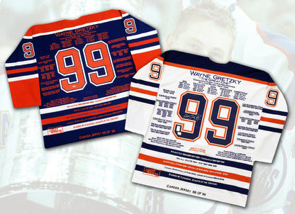 MAILLOTS DE CARRIÈRE DE WAYNE GRETZKY, PAIRE ASSORTIE #88 SUR 99 (TAILLE L OU XL) - CERTIFICAT D'AUTHENTICITÉ UPPER DECK - OBJETS DE COLLECTION LNH AUTOGRAPHÉS - MAILLOTS BLANC ET BLEU DES EDMONTON OILERS - ANNÉE DE LA COUPE STANLEY - ÉDITION LIMITÉE