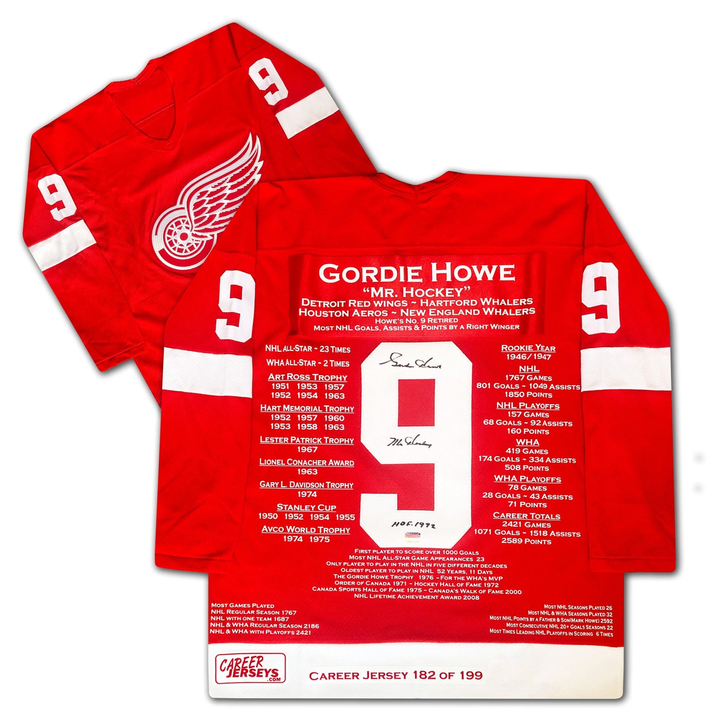 GORDIE HOWE CAREER JERSEY SIGNED - LTD ED 199 - DETROIT RED WINGS