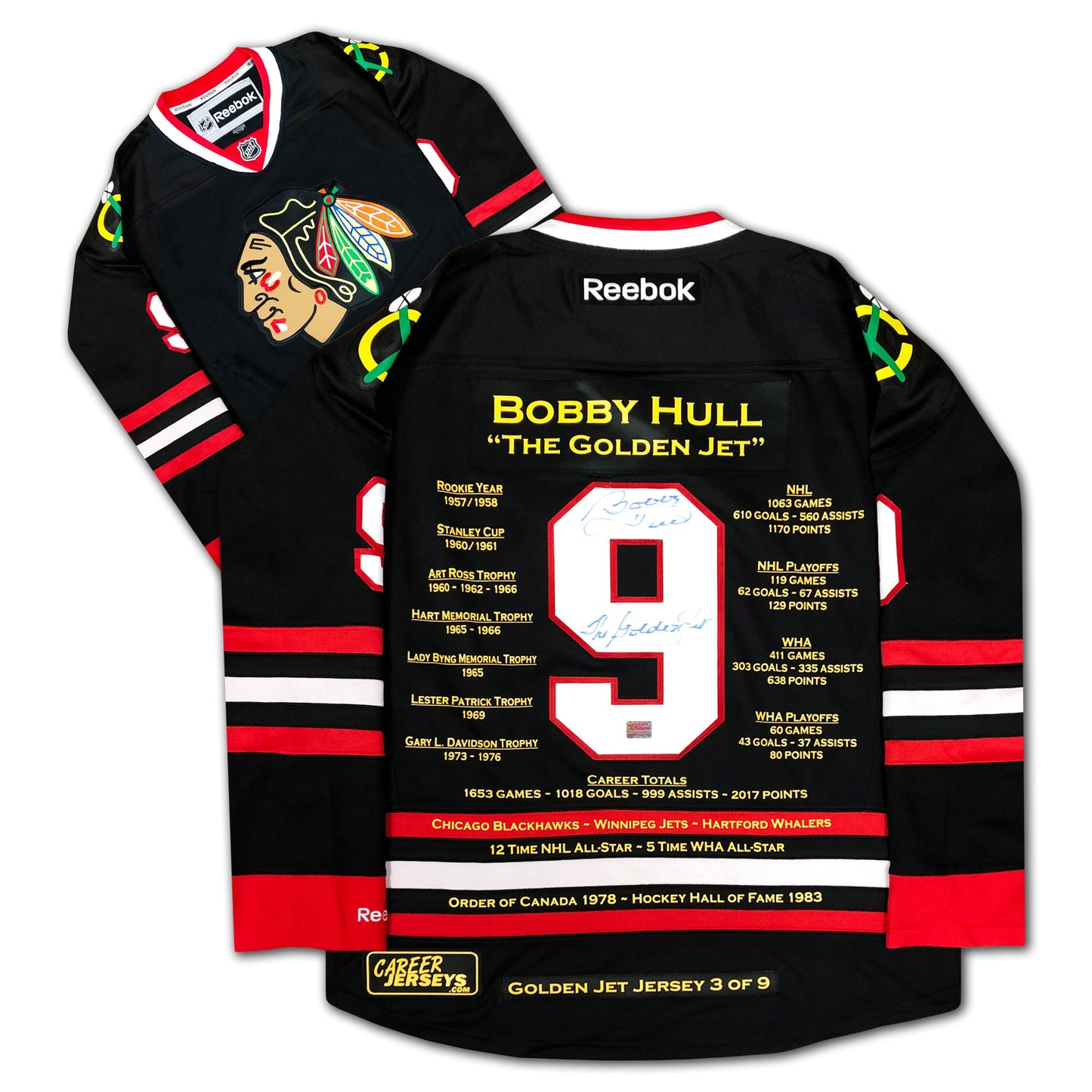 BOBBY HULL SIGNED BLACK CAREER JERSEY GOLDEN JET LTD ED /9 - CHICAGO BLACKHAWKS