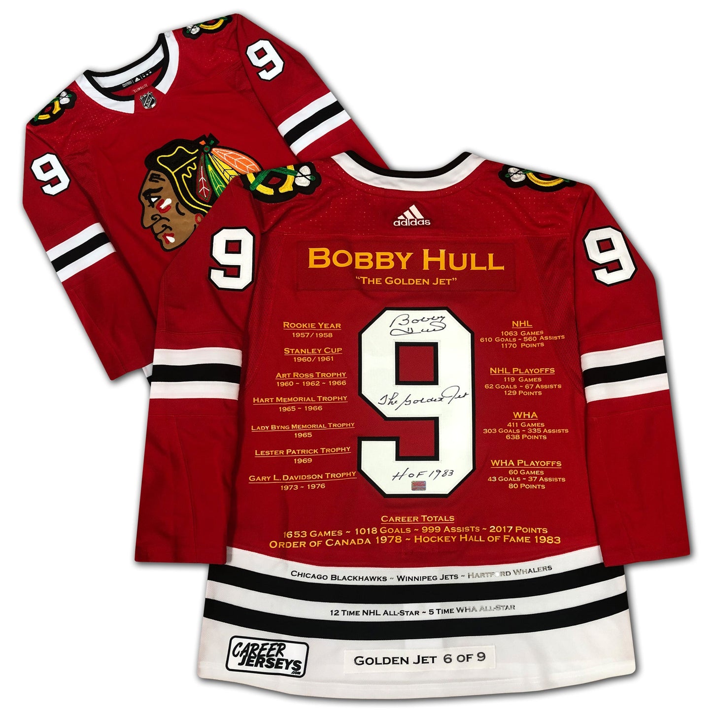 BOBBY HULL SIGNED RED CAREER JERSEY GOLDEN JET LTD ED  /9 - CHICAGO BLACKHAWKS