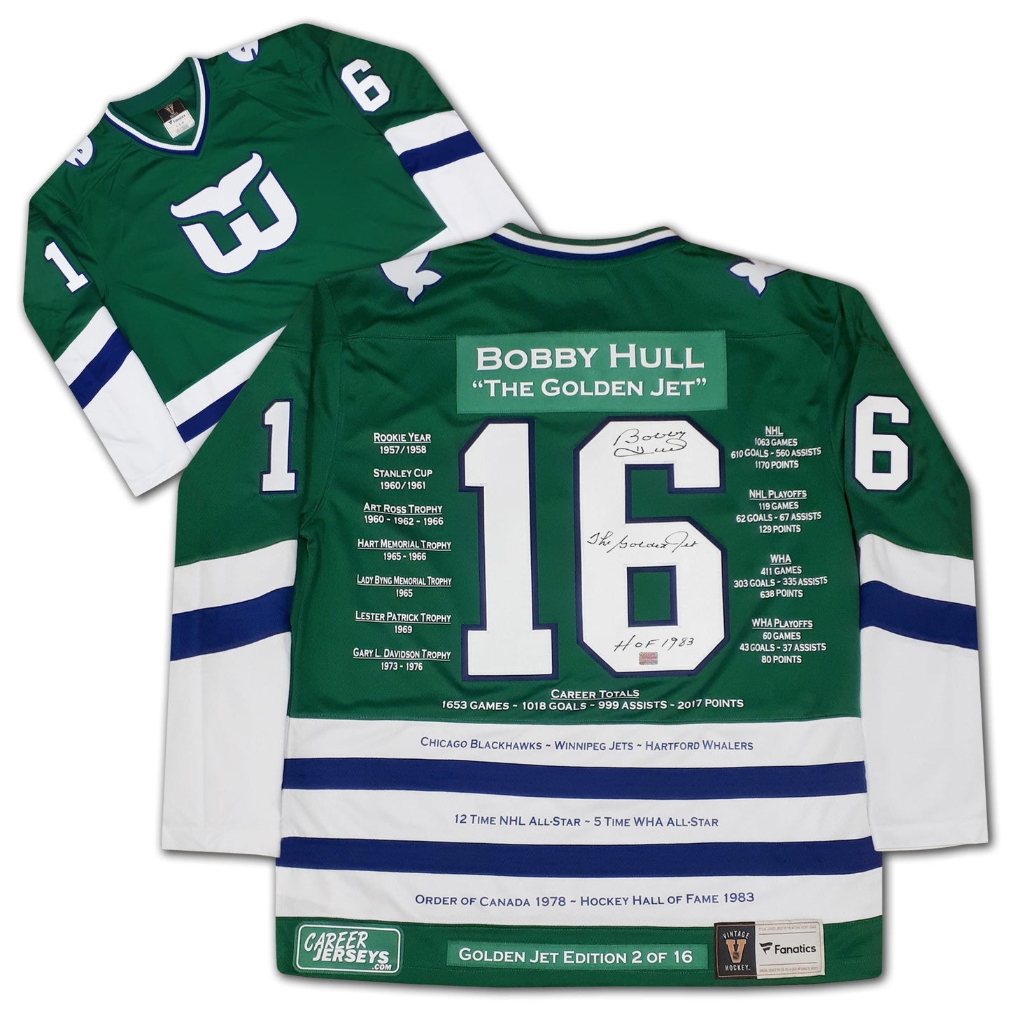 BOBBY HULL CAREER JERSEY SIGNED HARTFORD WHALERS GREEN LTD ED /16