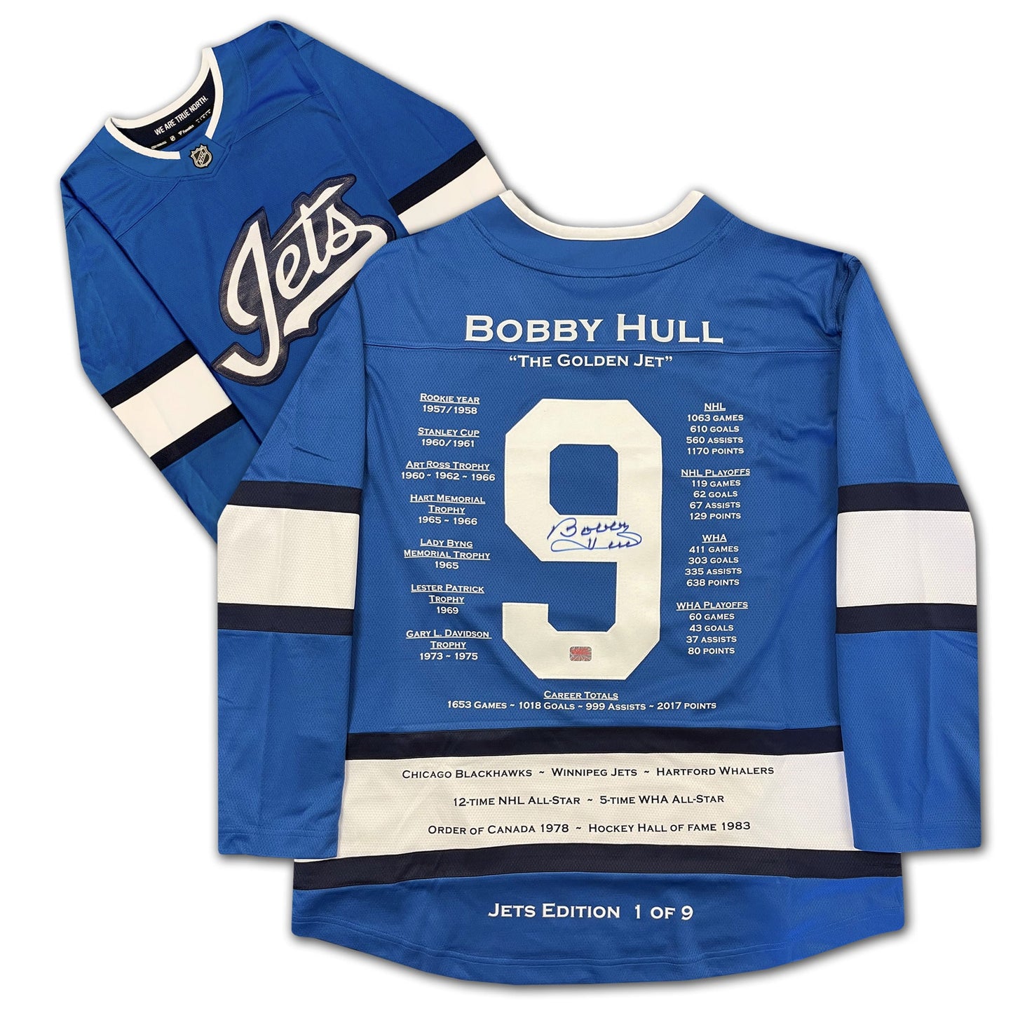 MAILLOT DE CARRIÈRE DE BOBBY HULL ÉDITION JETS DE WINNIPEG #1 DE 9 - ALTERNATIF AUTOGRAPHIE