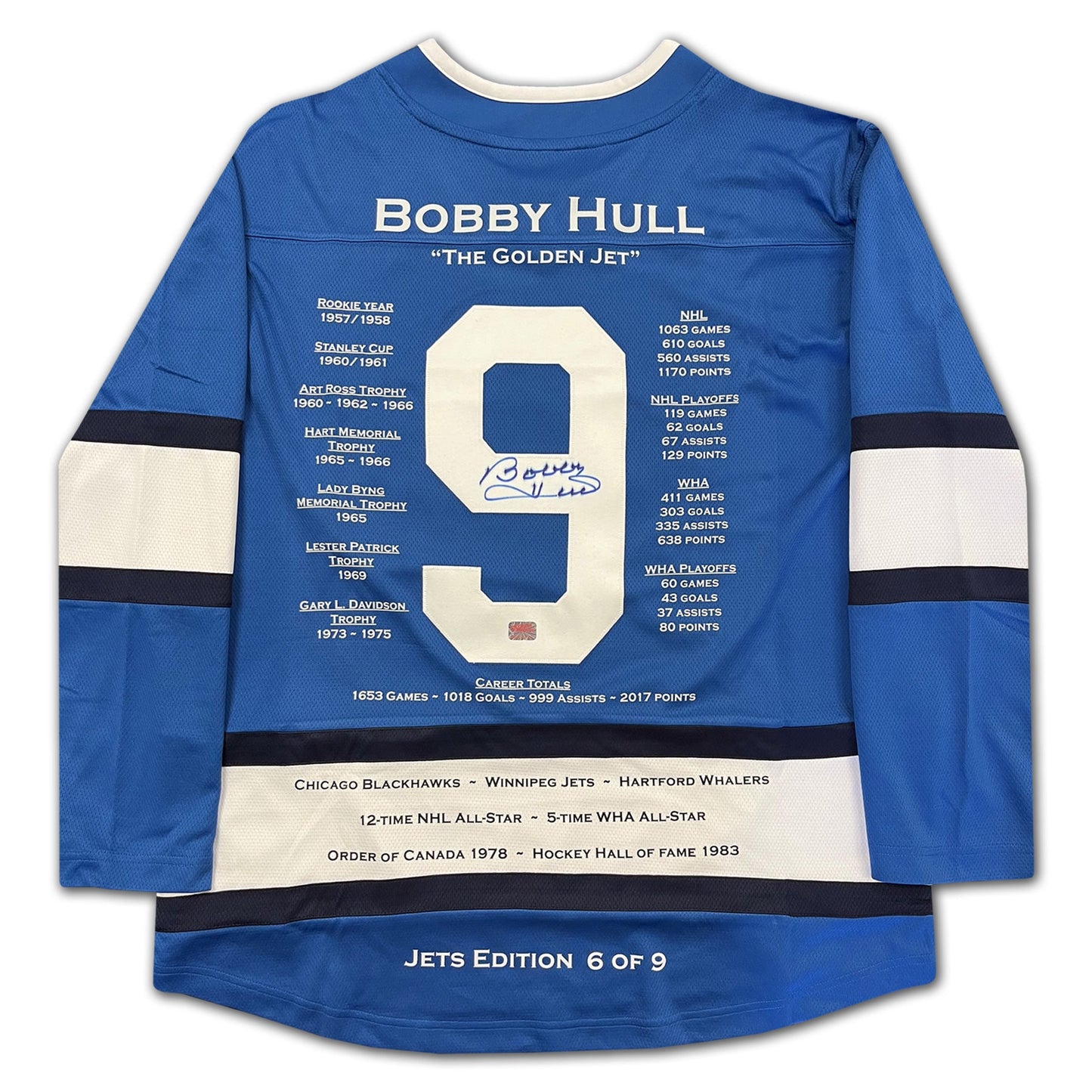 BOBBY HULL SIGNED CAREER JERSEY WINNIPEG JETS EDITION OF 9