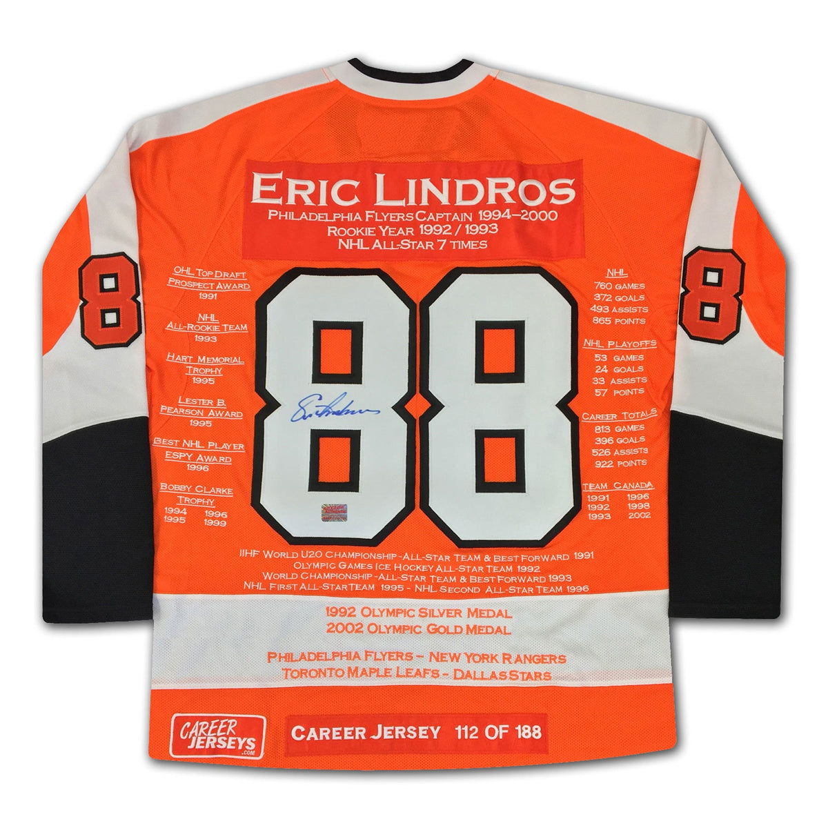 MAILLOT DE CARRIÈRE ERIC LINDROS AUTOGRAPHÉ ÉDITION LIMITÉE 188 - PHILADELPHIA FLYERS