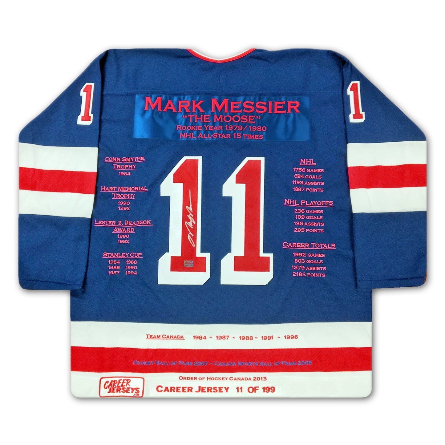 MARK MESSIER NYR CAREER JERSEY #11 OF 199 - AUTOGRAPHED - NEW YORK RANGERS