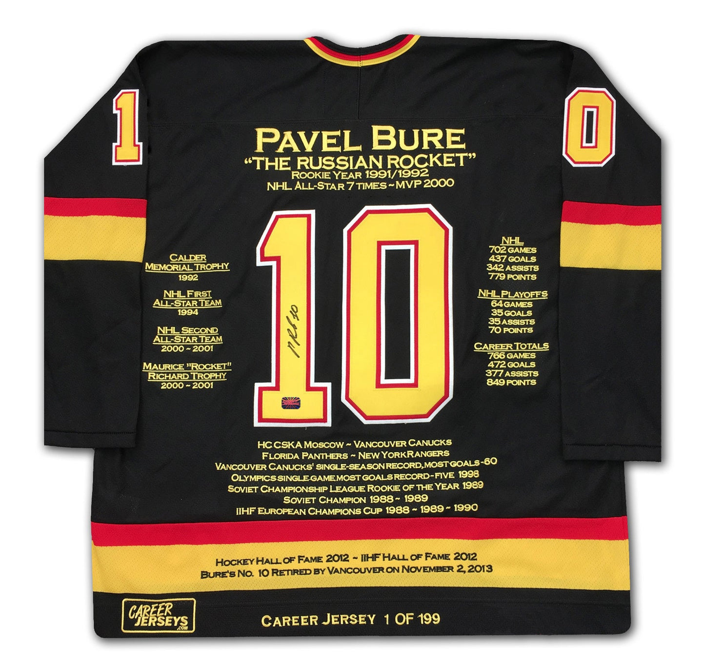 PAVEL BURE CAREER JERSEY #1 OF 199 - AUTOGRAPHED - VANCOUVER CANUCKS