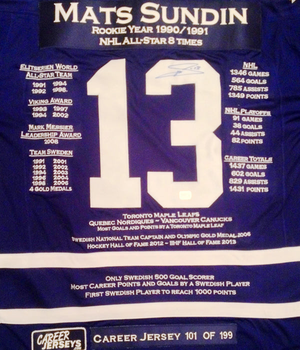 MATS SUNDIN CAREER JERSEY SIGNED - LTD ED 199 - TORONTO MAPLE LEAFS