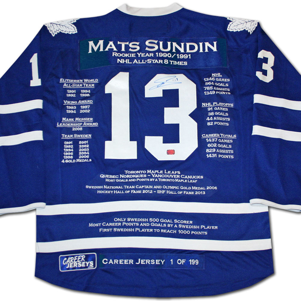 MATS SUNDIN CAREER JERSEY #1 OF 199 - AUTOGRAPHED - TORONTO MAPLE LEAFS
