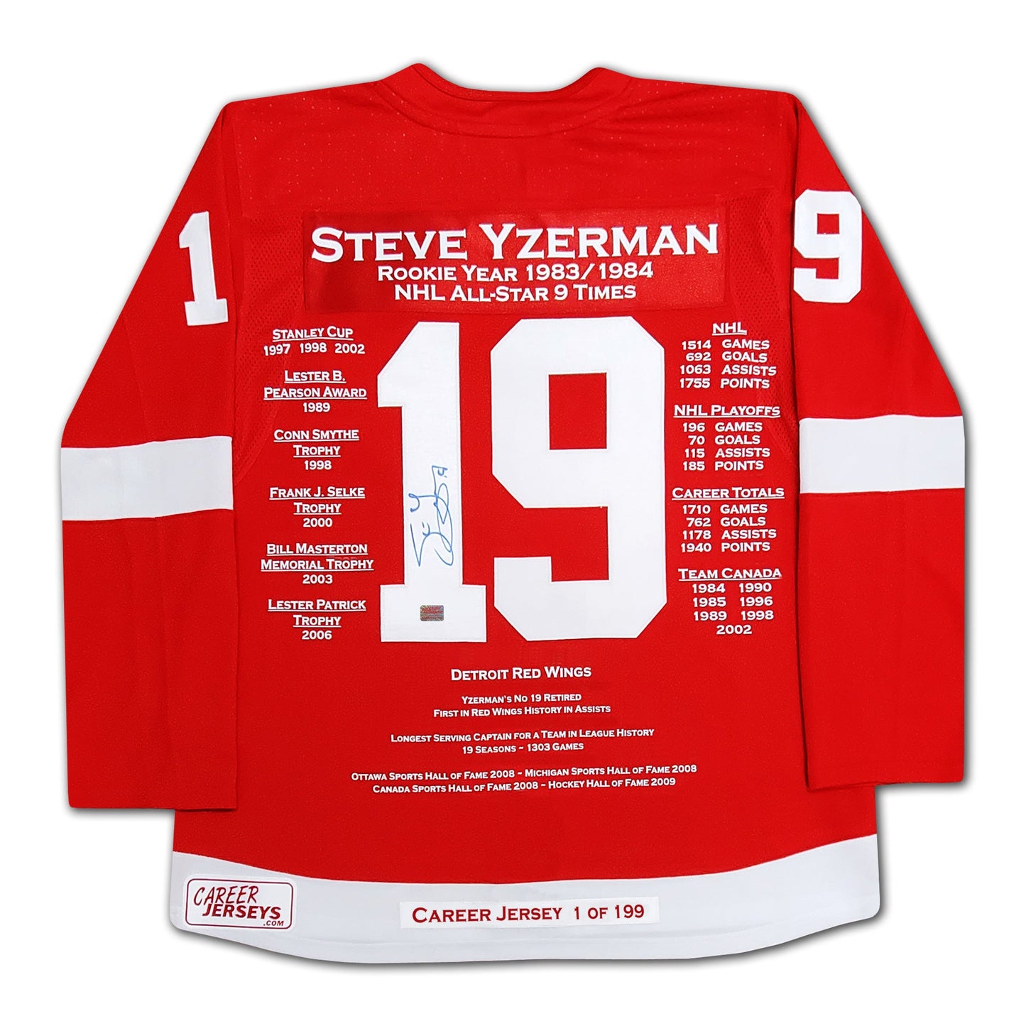 STEVE YZERMAN CAREER JERSEY #1 OF 199 - AUTOGRAPHED - DETROIT RED WINGS