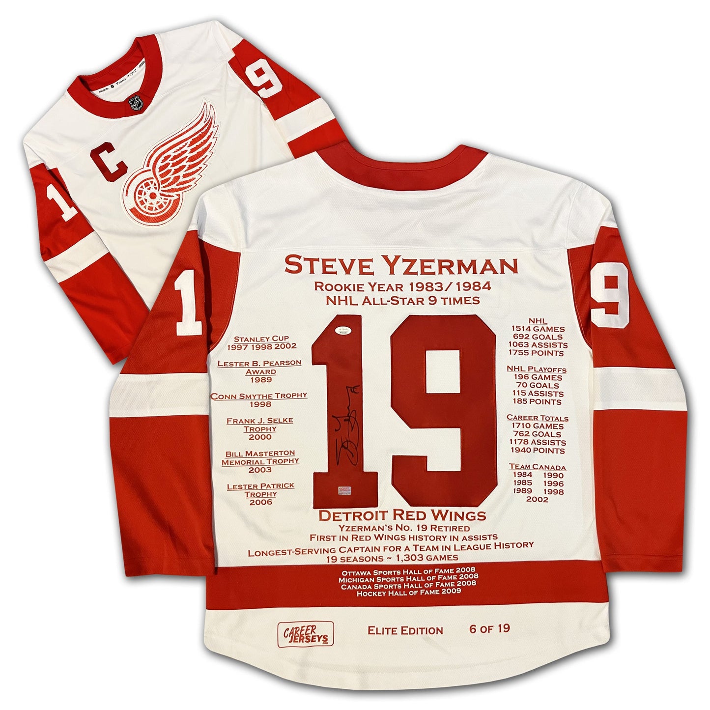 STEVE YZERMAN CAREER JERSEY DETROIT WHITE ELITE EDITION OF 19 - SIGNED