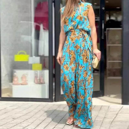 Casual Style Sleeveless High-waisted  2pcs floral Trousers set Women