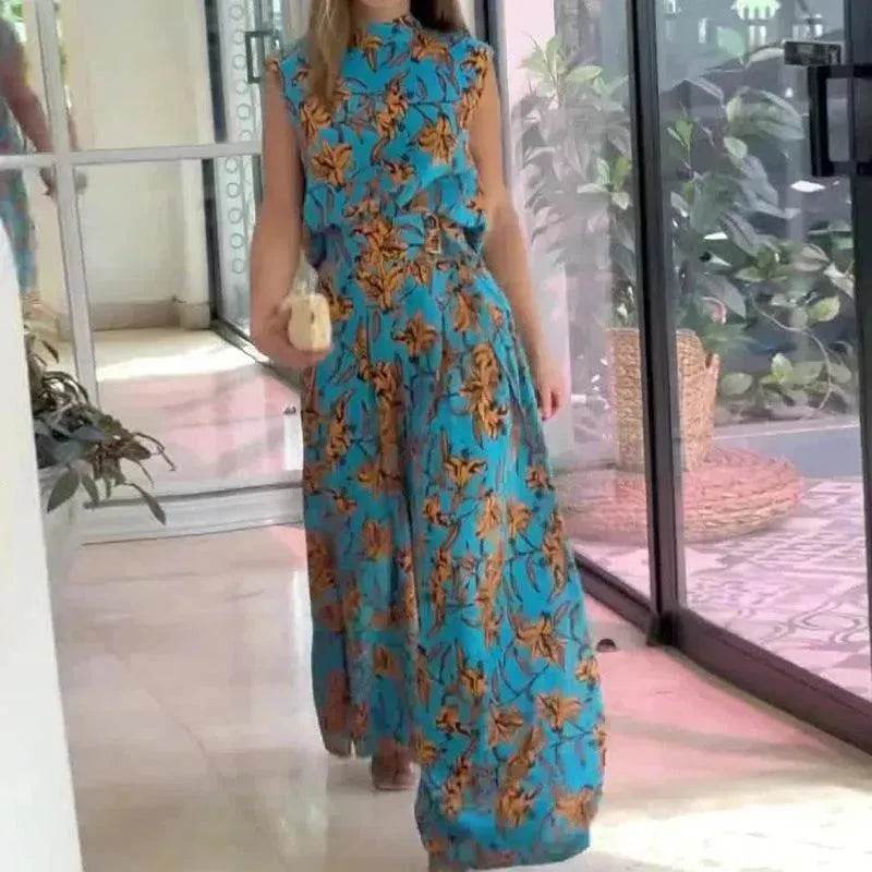 Casual Style Sleeveless High-waisted  2pcs floral Trousers set Women