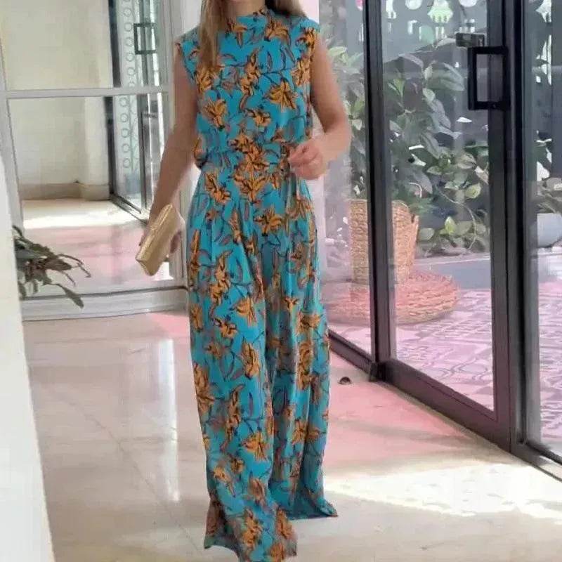 Casual Style Sleeveless High-waisted  2pcs floral Trousers set Women