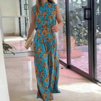 Casual Style Sleeveless High-waisted  2pcs floral Trousers set Women