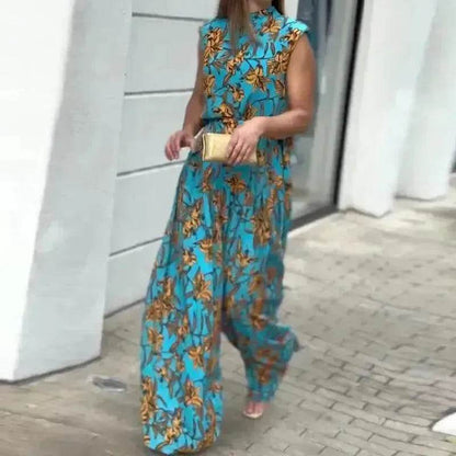 Casual Style Sleeveless High-waisted  2pcs floral Trousers set Women
