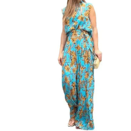 Casual Style Sleeveless High-waisted  2pcs floral Trousers set Women