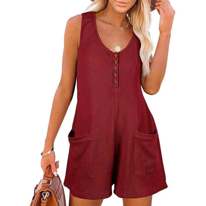 Casual Waffle Button Jumpsuit With Pockets Fashion Summer Beach Straight Shorts Overall Pants Womens Clothing