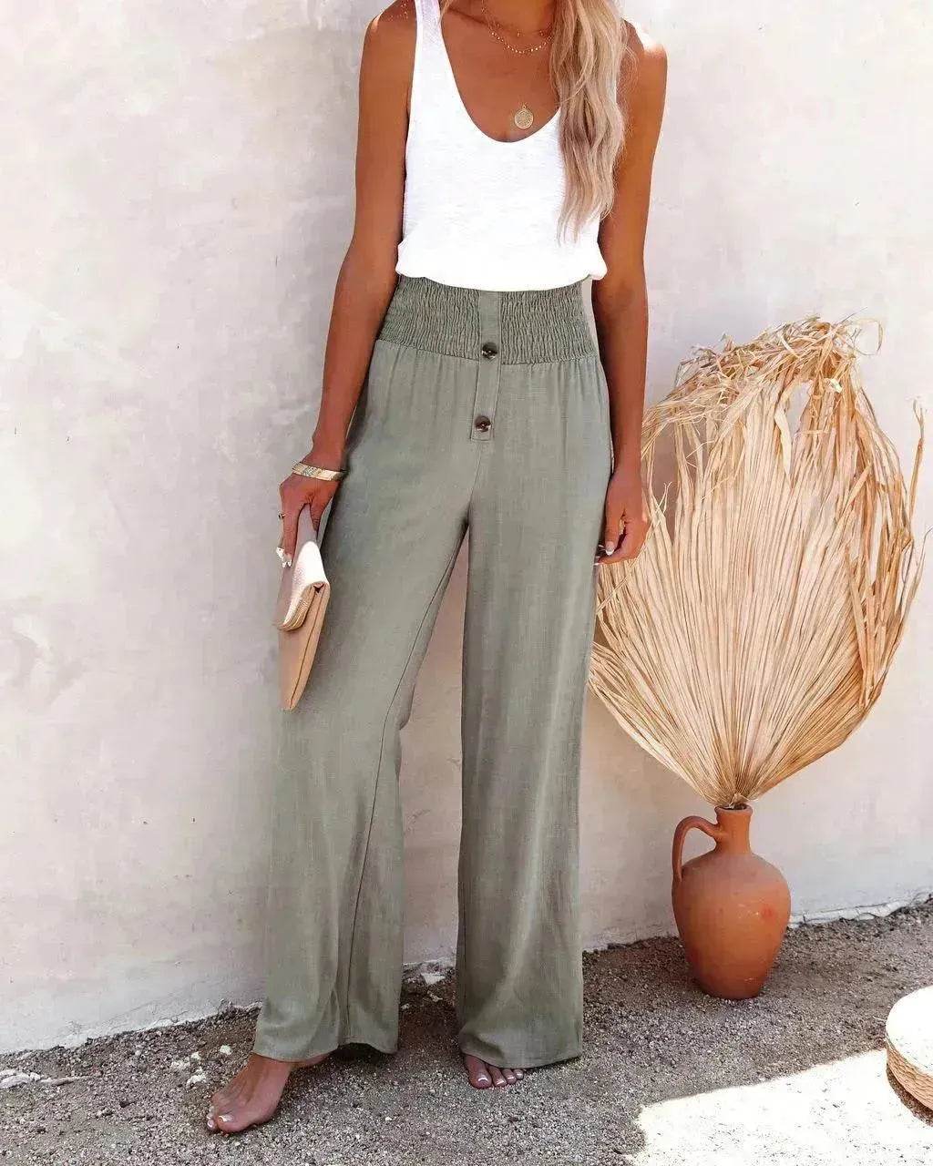 Casual Women's Button Color Elastic Waist Trousers Wide Leg Pants