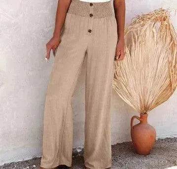 Casual Women's Button Color Elastic Waist Trousers Wide Leg Pants
