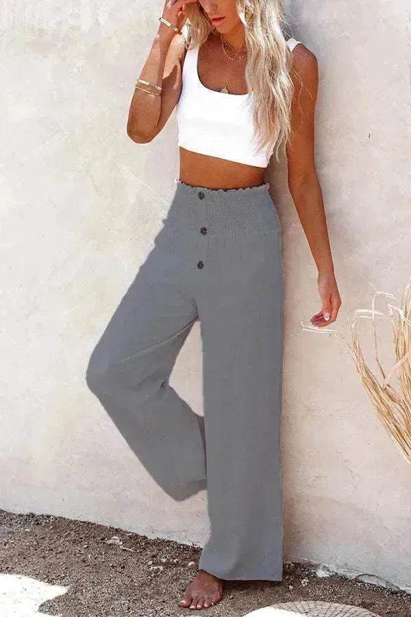 Casual Women's Button Color Elastic Waist Trousers Wide Leg Pants