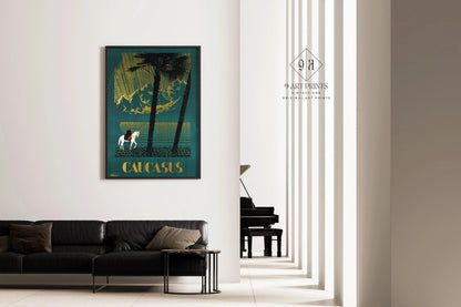 Caucasus | Striking Teal Soviet Travel Poster with Gold Highlight | Vintage Movie Print (available handframed or unframed)