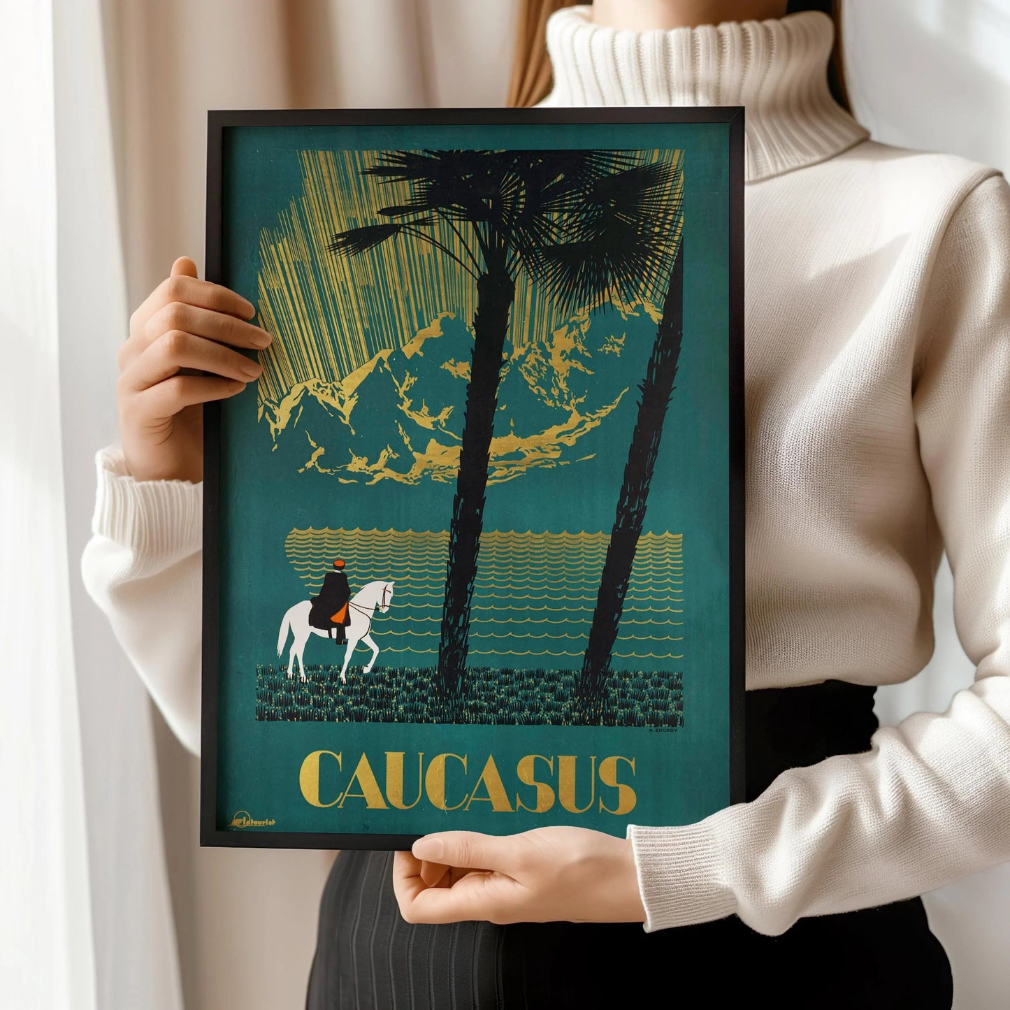 Caucasus | Striking Teal Soviet Travel Poster with Gold Highlight | Vintage Movie Print (available handframed or unframed)