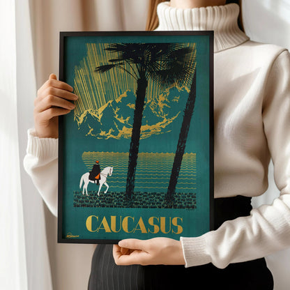 Caucasus | Striking Teal Soviet Travel Poster with Gold Highlight | Vintage Movie Print (available handframed or unframed)