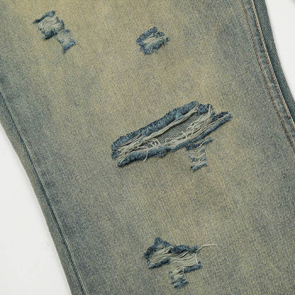 Heavy Industry Washing Hole Denim Trousers Men Jeans
