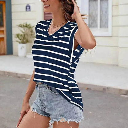 T-shirt à manches courtes et col en V imprimé rayures tendance, haut décontracté ample d'été pour femme