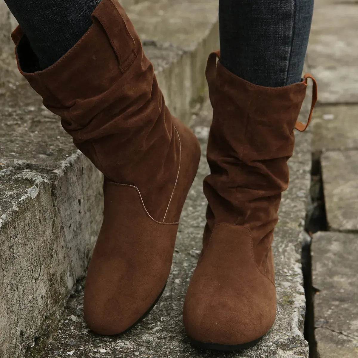 Round Toe Flat Boots Fashion Solid Color Suede Mid-calf Boot Winter Warm Shoes For Women