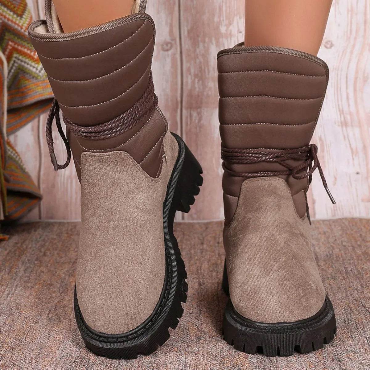Bottes de neige mi-mollet tendance avec lacets, bottes d'hiver chaudes et épaisses à talon bas, chaussures décontractées pour femmes, pour l'extérieur