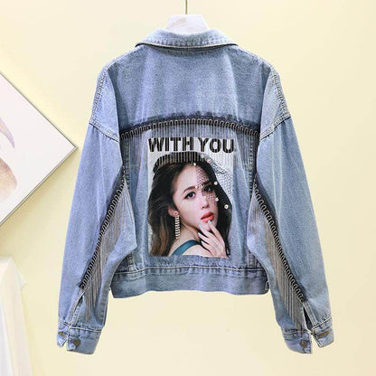 Fringe Denim Jacket Cotton Loose Fit for Women