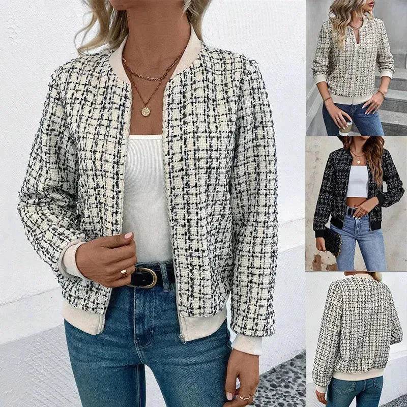 Veste décontractée d'extérieur pour femme, à manches longues, à carreaux, pied-de-poule et fermeture éclair, collection automne-hiver