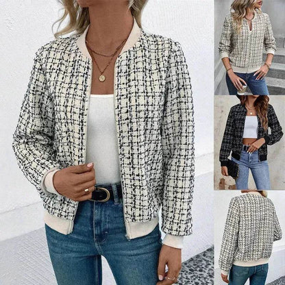 Veste décontractée d'extérieur pour femme, à manches longues, à carreaux, pied-de-poule et fermeture éclair, collection automne-hiver